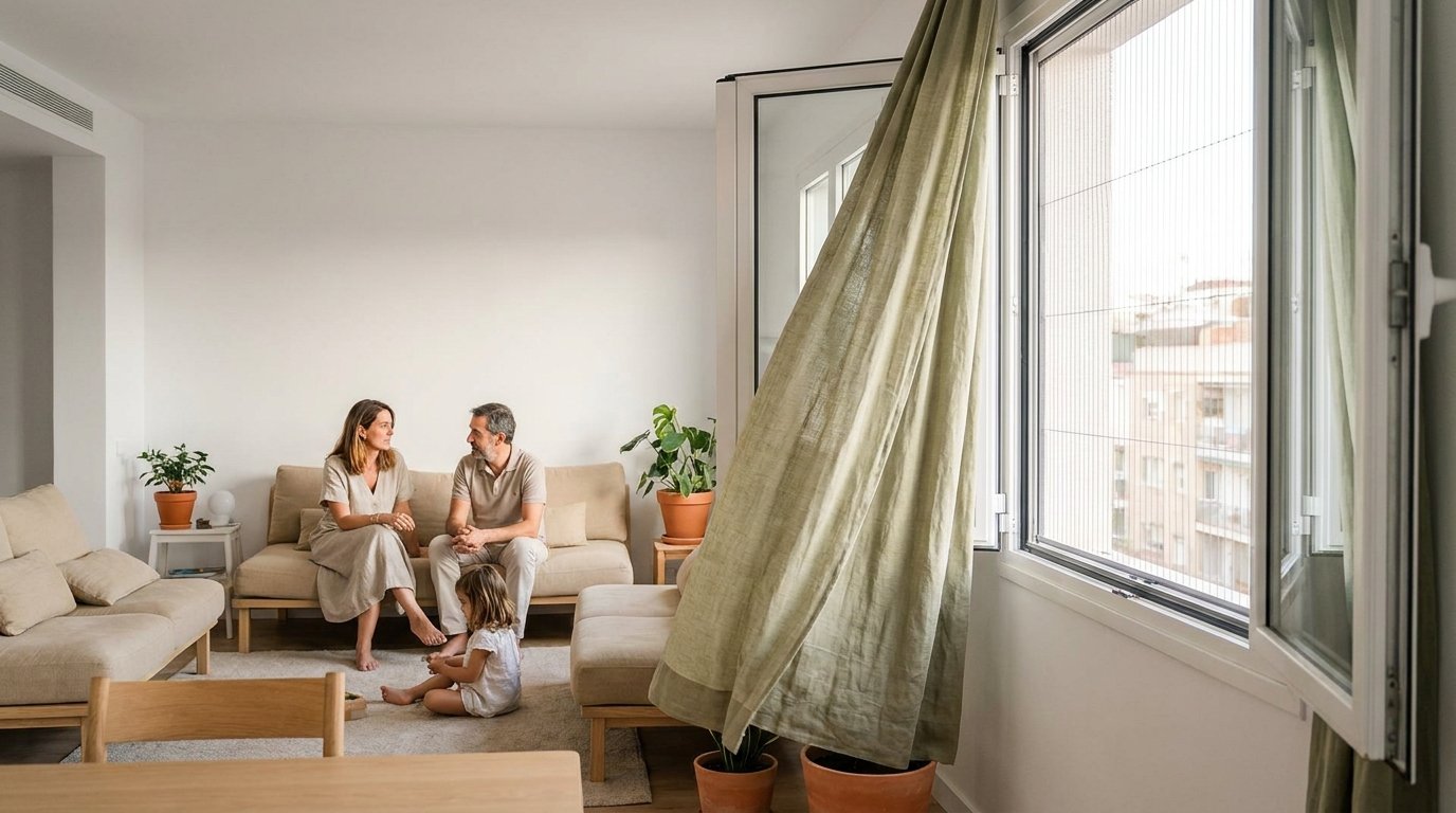 Familia disfrutando de un salón ventilado con mosquitera