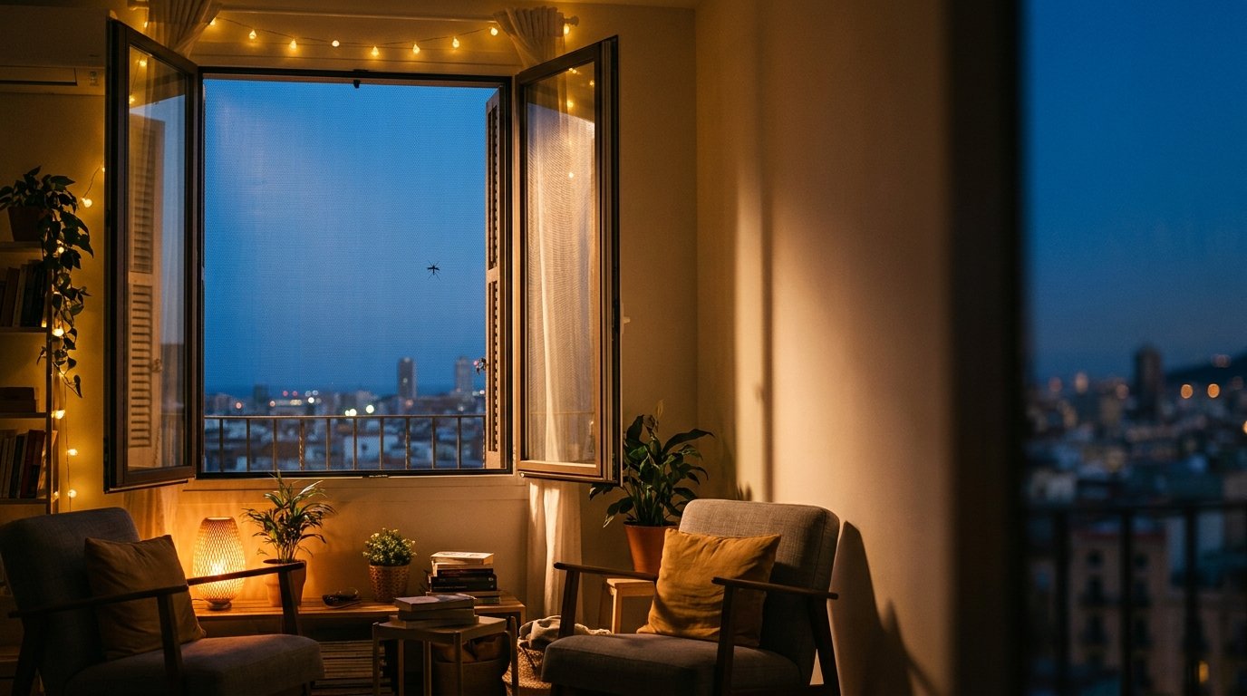 Salón protegido por una mosquitera durante el atardecer