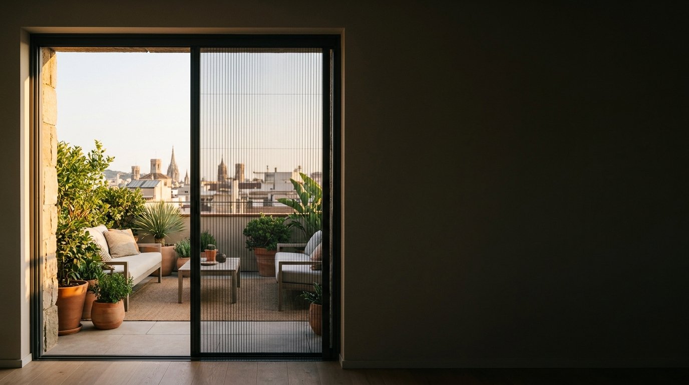 Terraza de Barcelona protegida con una mosquitera